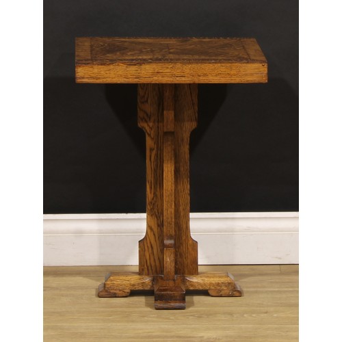 1513 - An Arts & Crafts oak pedestal table, square top inlaid with a four-pointed star, X-form base, 55cm h... 