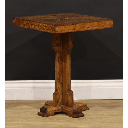 1513 - An Arts & Crafts oak pedestal table, square top inlaid with a four-pointed star, X-form base, 55cm h... 