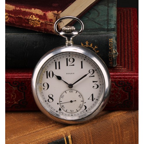 1152 - A Rolex pocket watch, white enamel dial, Arabic numerals, subsidiary seconds dial, top wind, the cas... 