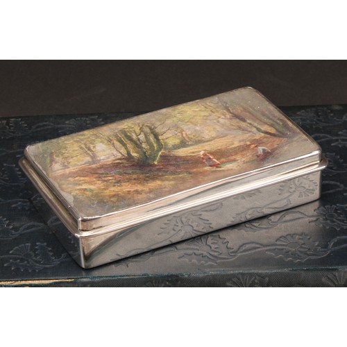 848 - A late Victorian silver rounded rectangular table snuff, hinged cover glazed and inset with woodland... 