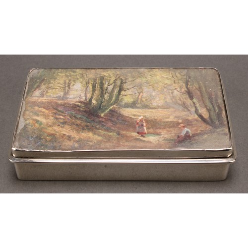 848 - A late Victorian silver rounded rectangular table snuff, hinged cover glazed and inset with woodland... 