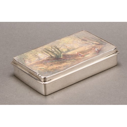 848 - A late Victorian silver rounded rectangular table snuff, hinged cover glazed and inset with woodland... 