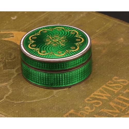 1023 - An Edward VII silver and green guilloche enamel circular snuff box, push cover, 3.5cm diameter, Will... 
