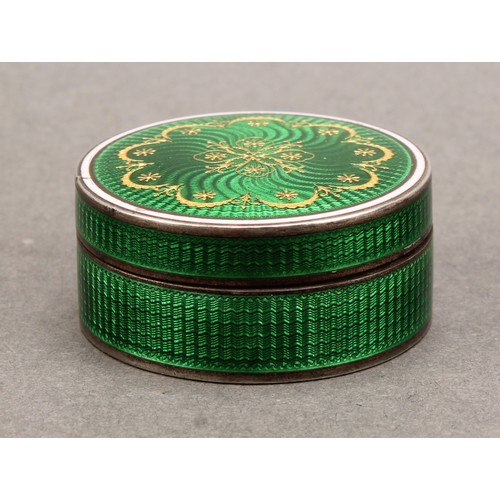 1023 - An Edward VII silver and green guilloche enamel circular snuff box, push cover, 3.5cm diameter, Will... 