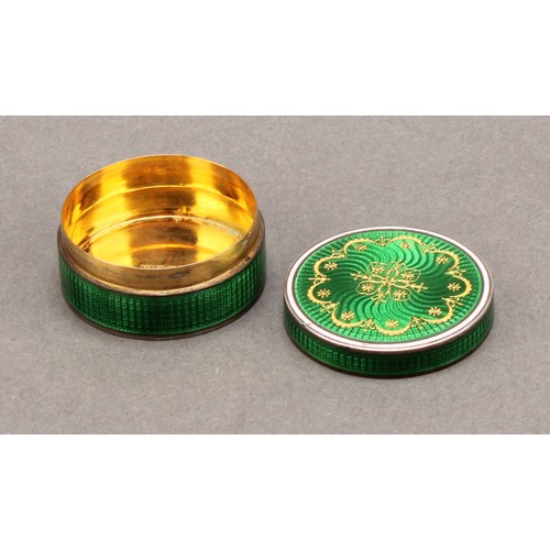 1023 - An Edward VII silver and green guilloche enamel circular snuff box, push cover, 3.5cm diameter, Will... 