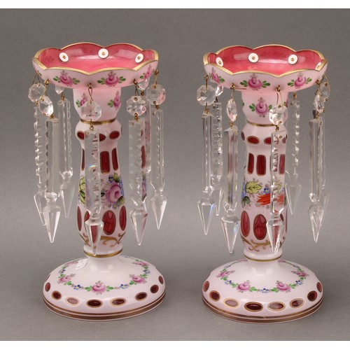 289 - A pair of 19th century Bohemian flashed glass table or mantel lustres, overlaid on cranberry, painte... 