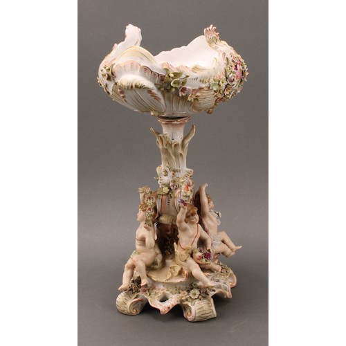 275 - A Sitzendorf porcelain figural table centrepiece or comport, the pierced oval basket, encrusted with... 