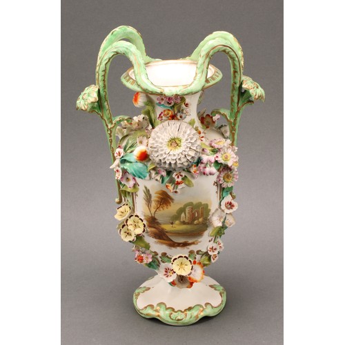 87 - A near pair of Coalbrookdale two-handled urnular vases, each painted with views and encrusted with f... 