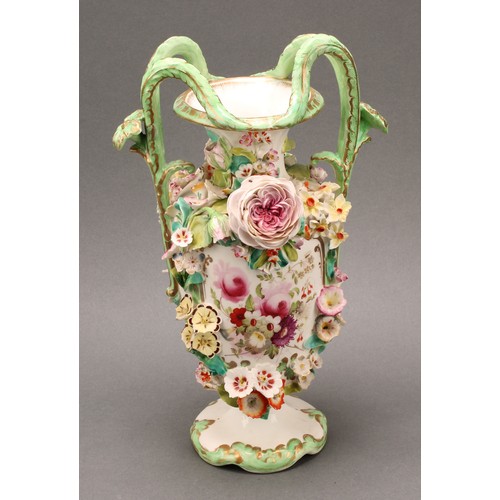 87 - A near pair of Coalbrookdale two-handled urnular vases, each painted with views and encrusted with f... 