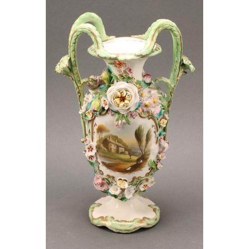 87 - A near pair of Coalbrookdale two-handled urnular vases, each painted with views and encrusted with f... 