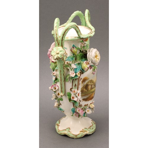 87 - A near pair of Coalbrookdale two-handled urnular vases, each painted with views and encrusted with f... 