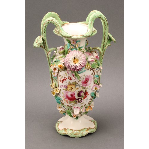 87 - A near pair of Coalbrookdale two-handled urnular vases, each painted with views and encrusted with f... 