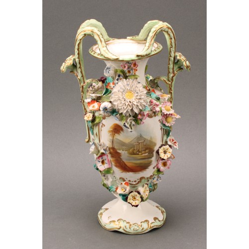 87 - A near pair of Coalbrookdale two-handled urnular vases, each painted with views and encrusted with f... 