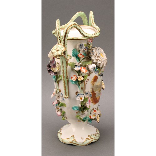 87 - A near pair of Coalbrookdale two-handled urnular vases, each painted with views and encrusted with f... 