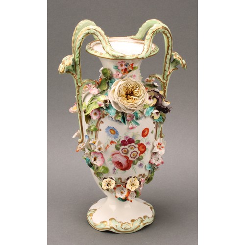 87 - A near pair of Coalbrookdale two-handled urnular vases, each painted with views and encrusted with f... 