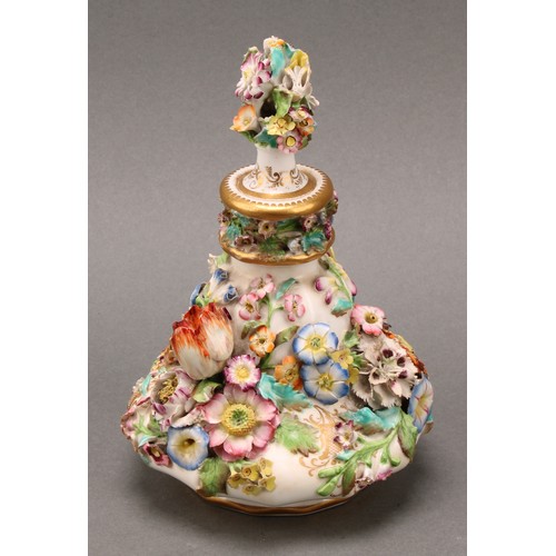 91 - A pair of Coalbrookdale porcelain pear shaped scent bottles, each encrusted in colourful summer flow... 