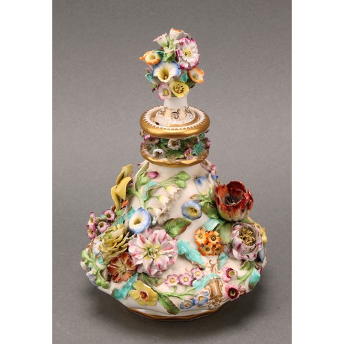 91 - A pair of Coalbrookdale porcelain pear shaped scent bottles, each encrusted in colourful summer flow... 