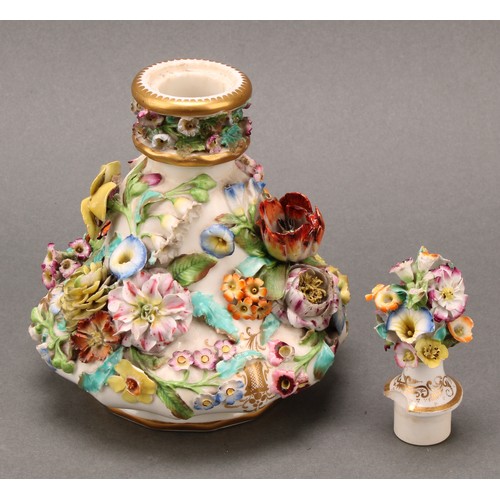 91 - A pair of Coalbrookdale porcelain pear shaped scent bottles, each encrusted in colourful summer flow... 