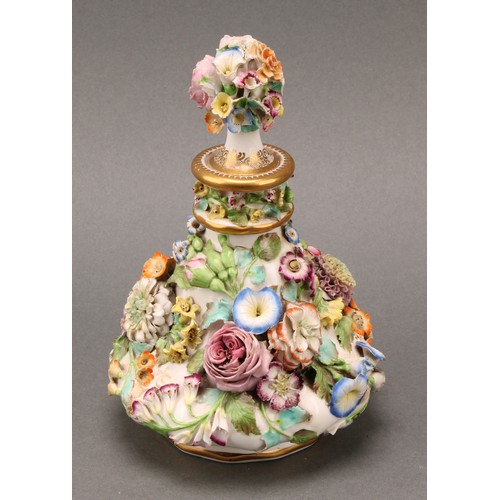 91 - A pair of Coalbrookdale porcelain pear shaped scent bottles, each encrusted in colourful summer flow... 