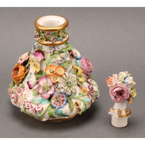 91 - A pair of Coalbrookdale porcelain pear shaped scent bottles, each encrusted in colourful summer flow... 