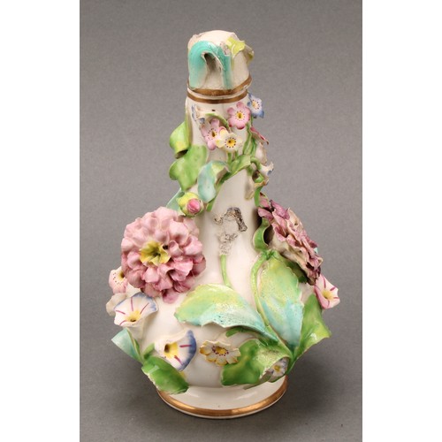 91 - A pair of Coalbrookdale porcelain pear shaped scent bottles, each encrusted in colourful summer flow... 