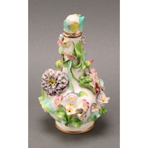 91 - A pair of Coalbrookdale porcelain pear shaped scent bottles, each encrusted in colourful summer flow... 