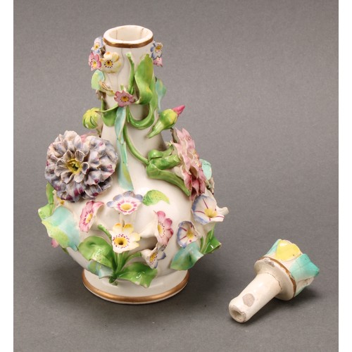 91 - A pair of Coalbrookdale porcelain pear shaped scent bottles, each encrusted in colourful summer flow... 