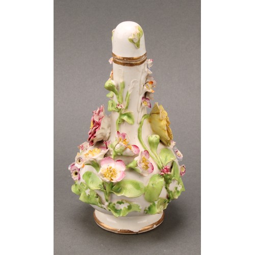 91 - A pair of Coalbrookdale porcelain pear shaped scent bottles, each encrusted in colourful summer flow... 