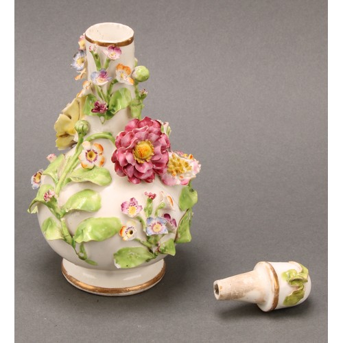 91 - A pair of Coalbrookdale porcelain pear shaped scent bottles, each encrusted in colourful summer flow... 