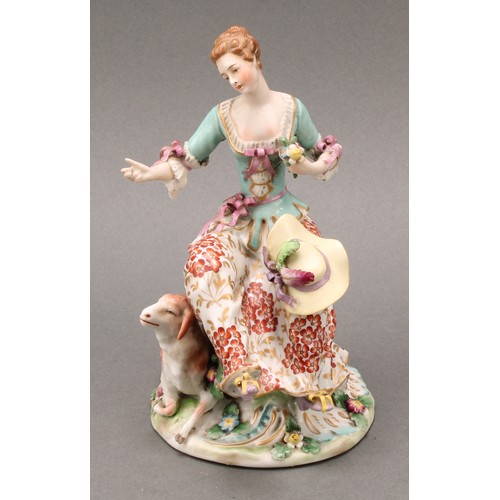 257 - A pair of Samson Paris porcelain figures, of a shepherd and sherherdess, both standing with lamb at ... 