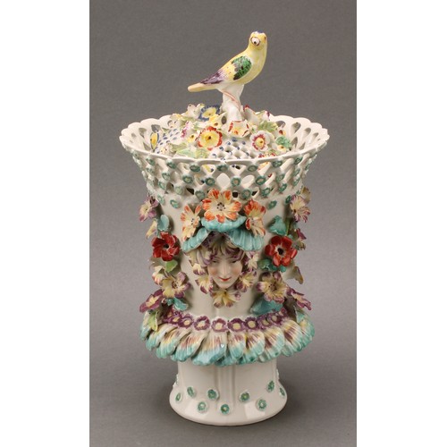 177 - A Derby patch mark frill vase, lattice rim flowerhead diapers, encrusted with flowers and applied wi... 