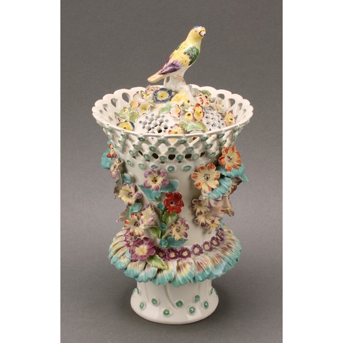 177 - A Derby patch mark frill vase, lattice rim flowerhead diapers, encrusted with flowers and applied wi... 