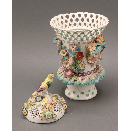 177 - A Derby patch mark frill vase, lattice rim flowerhead diapers, encrusted with flowers and applied wi... 