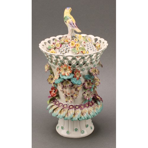 177 - A Derby patch mark frill vase, lattice rim flowerhead diapers, encrusted with flowers and applied wi... 