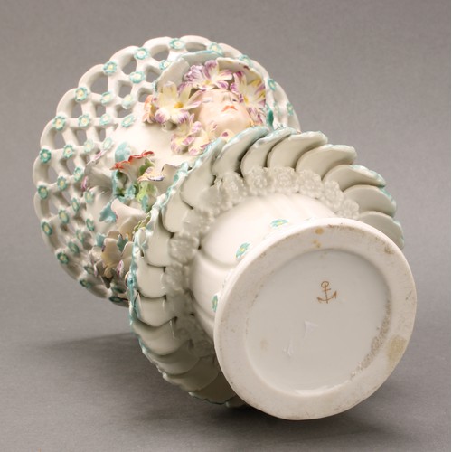 177 - A Derby patch mark frill vase, lattice rim flowerhead diapers, encrusted with flowers and applied wi... 