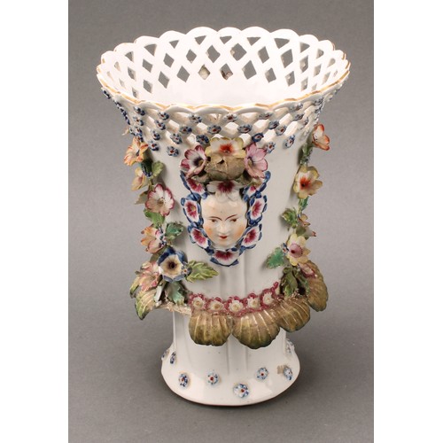 177 - A Derby patch mark frill vase, lattice rim flowerhead diapers, encrusted with flowers and applied wi... 