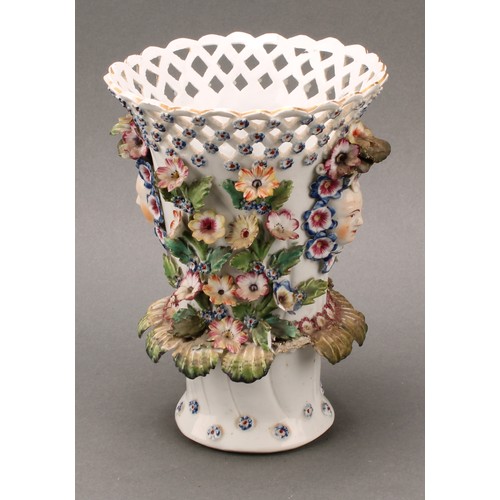 177 - A Derby patch mark frill vase, lattice rim flowerhead diapers, encrusted with flowers and applied wi... 