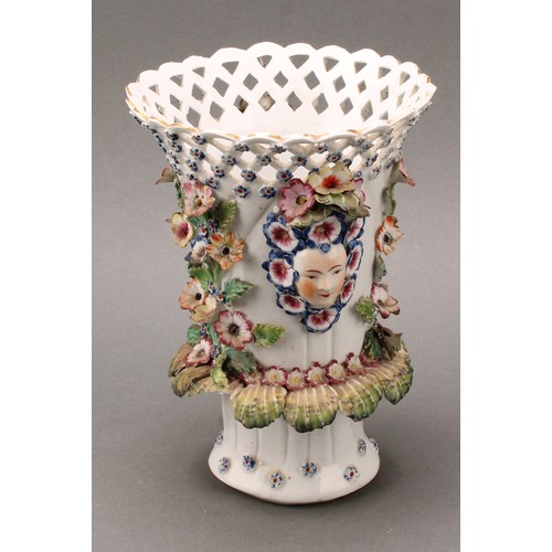 177 - A Derby patch mark frill vase, lattice rim flowerhead diapers, encrusted with flowers and applied wi... 