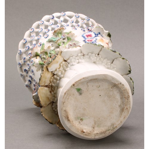 177 - A Derby patch mark frill vase, lattice rim flowerhead diapers, encrusted with flowers and applied wi... 