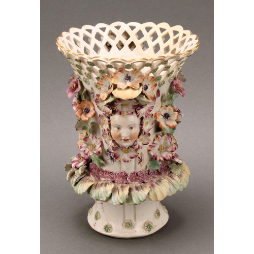 177 - A Derby patch mark frill vase, lattice rim flowerhead diapers, encrusted with flowers and applied wi... 