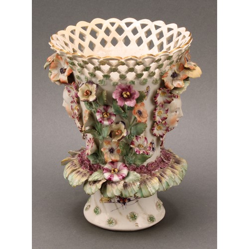 177 - A Derby patch mark frill vase, lattice rim flowerhead diapers, encrusted with flowers and applied wi... 