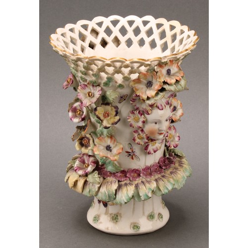 177 - A Derby patch mark frill vase, lattice rim flowerhead diapers, encrusted with flowers and applied wi... 