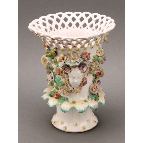 177 - A Derby patch mark frill vase, lattice rim flowerhead diapers, encrusted with flowers and applied wi... 