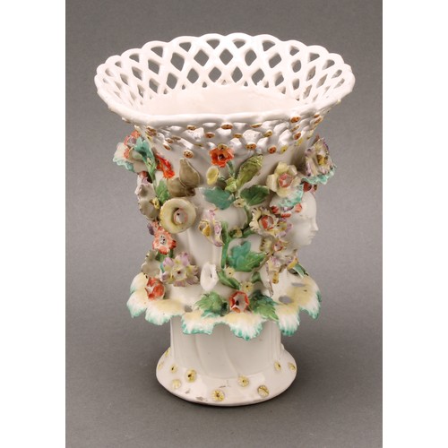 177 - A Derby patch mark frill vase, lattice rim flowerhead diapers, encrusted with flowers and applied wi... 