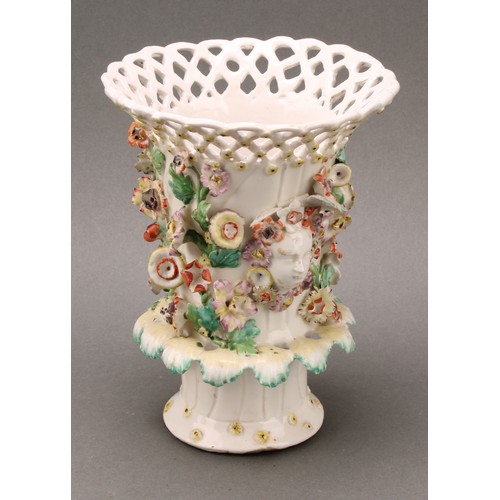 177 - A Derby patch mark frill vase, lattice rim flowerhead diapers, encrusted with flowers and applied wi... 