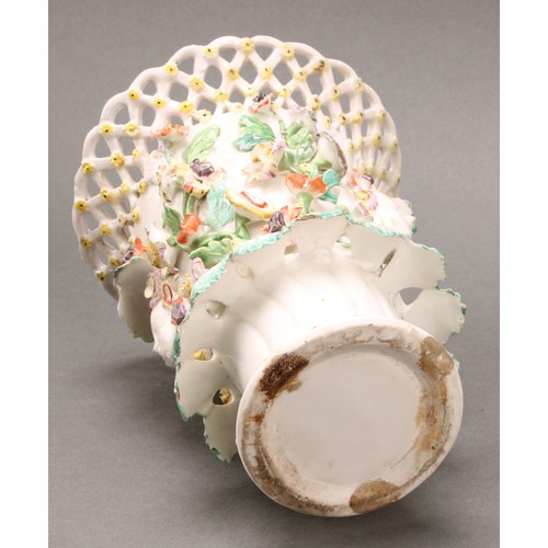 177 - A Derby patch mark frill vase, lattice rim flowerhead diapers, encrusted with flowers and applied wi... 