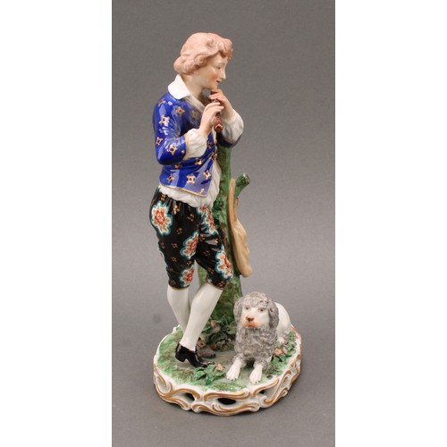 250 - A pair of French porcelain figures, of musicians, he playing the flute with a dog at his feet, she p... 