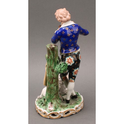 250 - A pair of French porcelain figures, of musicians, he playing the flute with a dog at his feet, she p... 