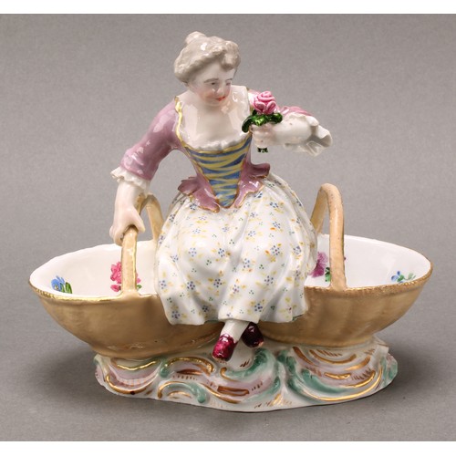 253 - A pair of German porcelain figural table salts, of a gallant and companion, each seated between two ... 