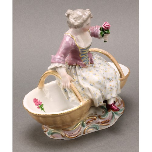 253 - A pair of German porcelain figural table salts, of a gallant and companion, each seated between two ... 